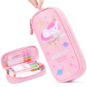 Rockpapa Cute Unicorn Pencil Case for Girls, Aesthetic Pencil Case with Compartments, Pencil Pouch with Zipper for Kids, Pencil Box Bag Holder Organizer for School