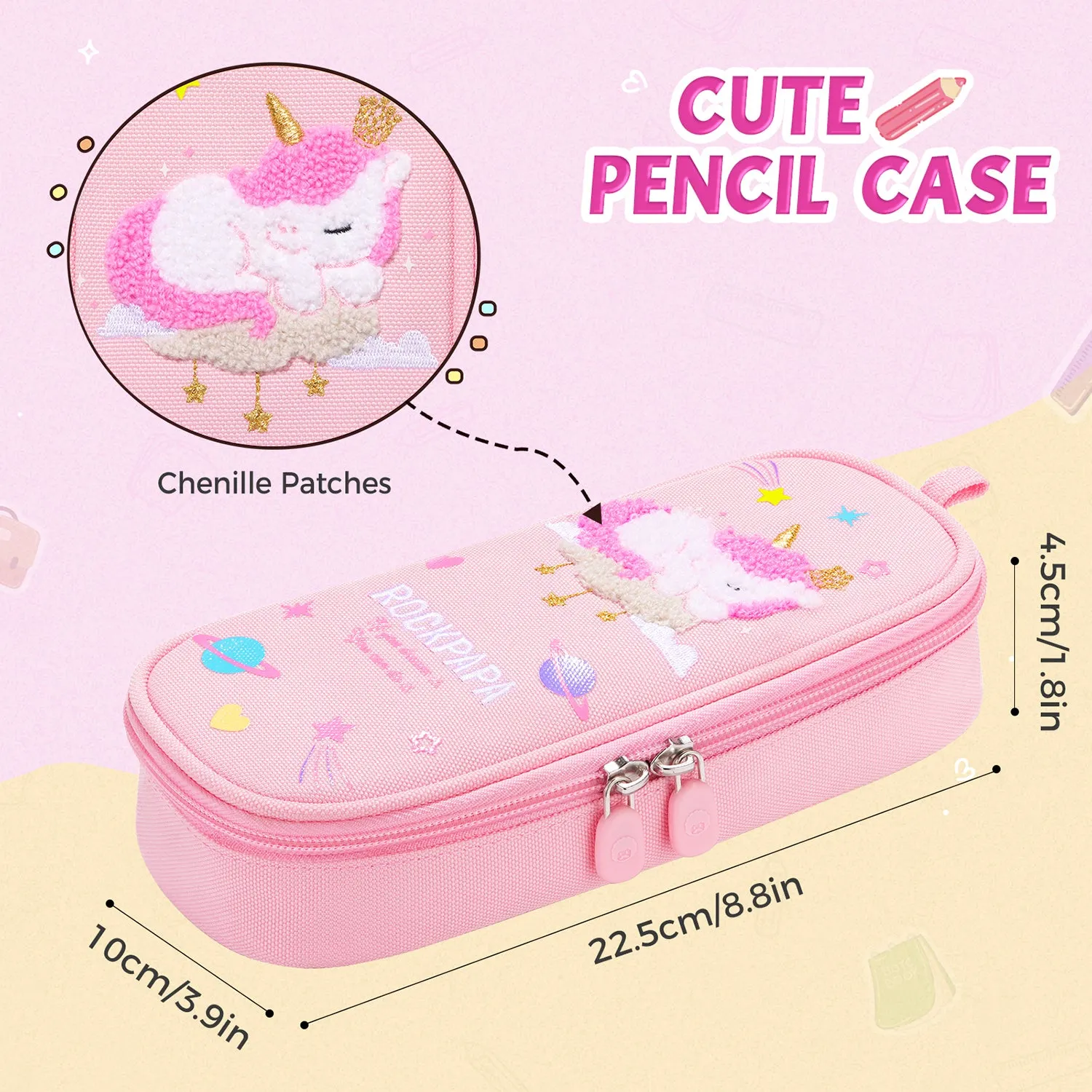 Rockpapa Cute Unicorn Pencil Case for Girls, Aesthetic Pencil Case with Compartments, Pencil Pouch with Zipper for Kids, Pencil Box Bag Holder Organizer for School