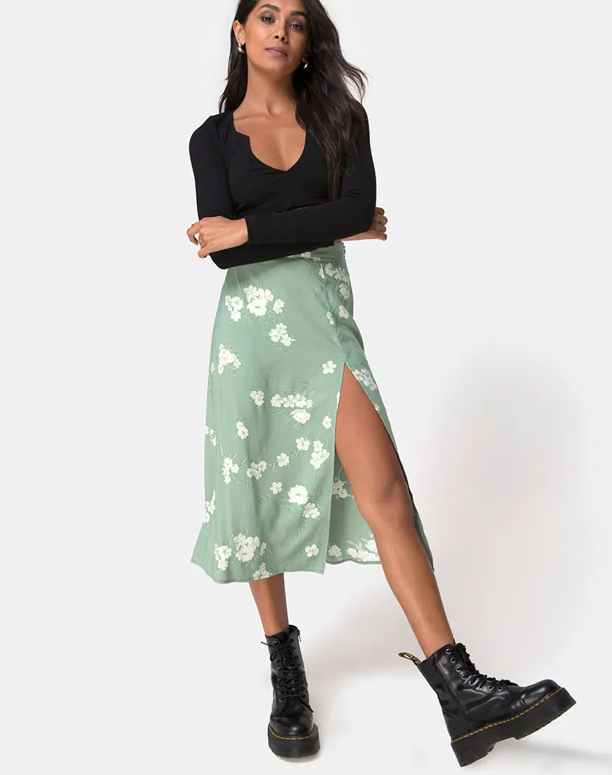 Saika Midi Skirt in Mono Flower Green