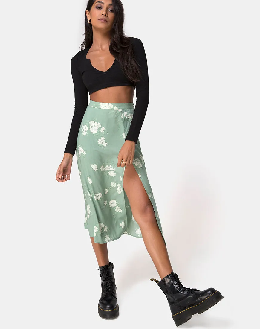 Saika Midi Skirt in Mono Flower Green