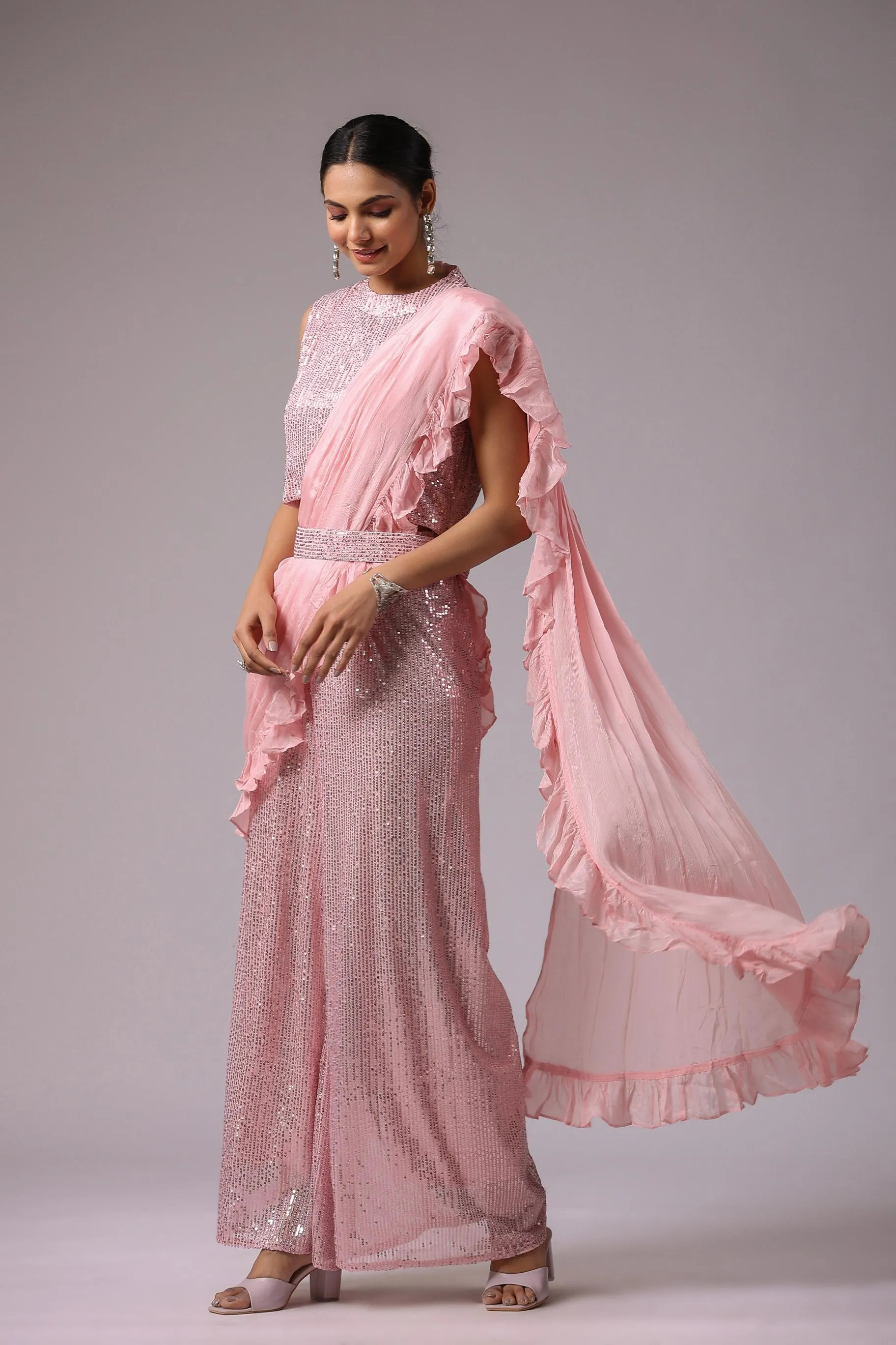 Soft Pink Embellished Premium Net Tunic & Palazzo Set