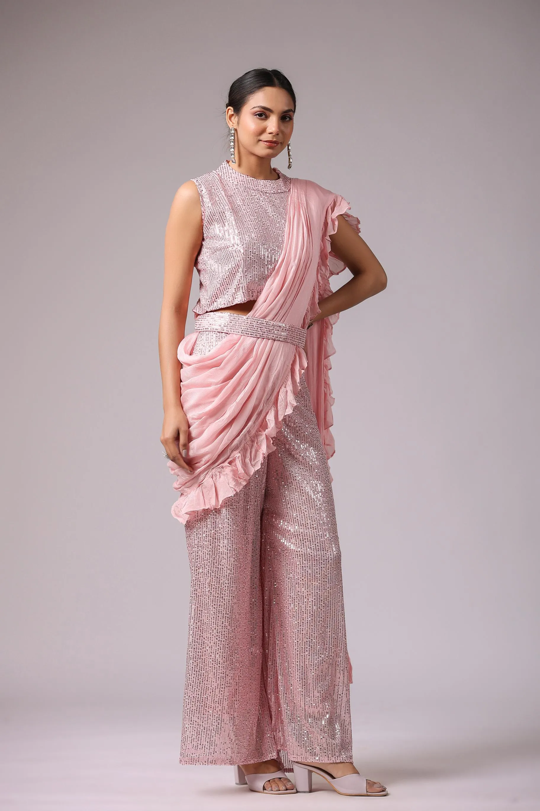 Soft Pink Embellished Premium Net Tunic & Palazzo Set