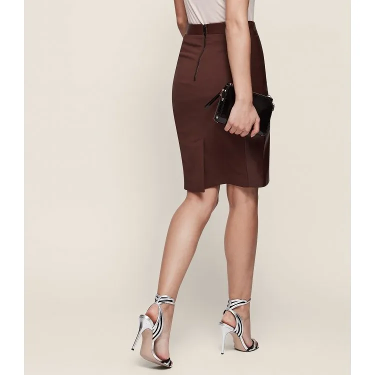 Stretch Panel Brown Leather Body-con Pencil Skirt for Women