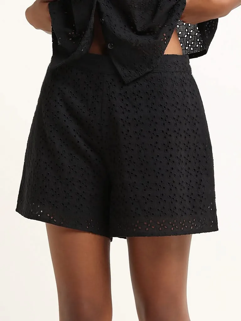 Superstar Black Cotton Mid-Rise Schiffli Shorts