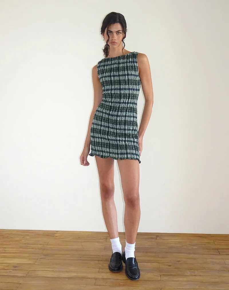 Takayi Mini Dress in Linen Mono Check Green