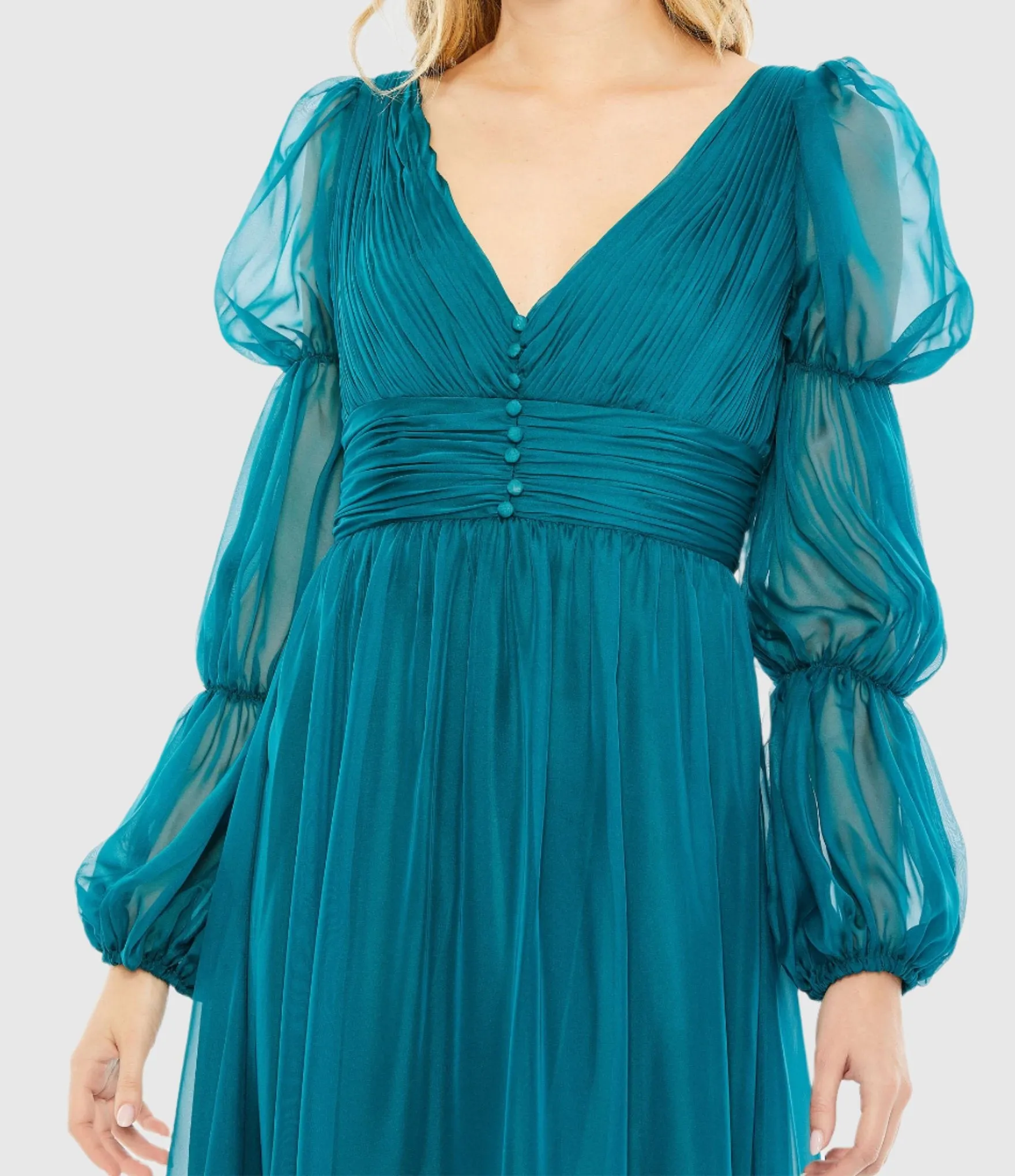 Teal Chiffon Ruched Tiered Puff Sleeve A Line Dress