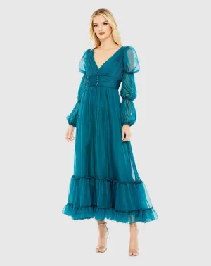 Teal Chiffon Ruched Tiered Puff Sleeve A Line Dress