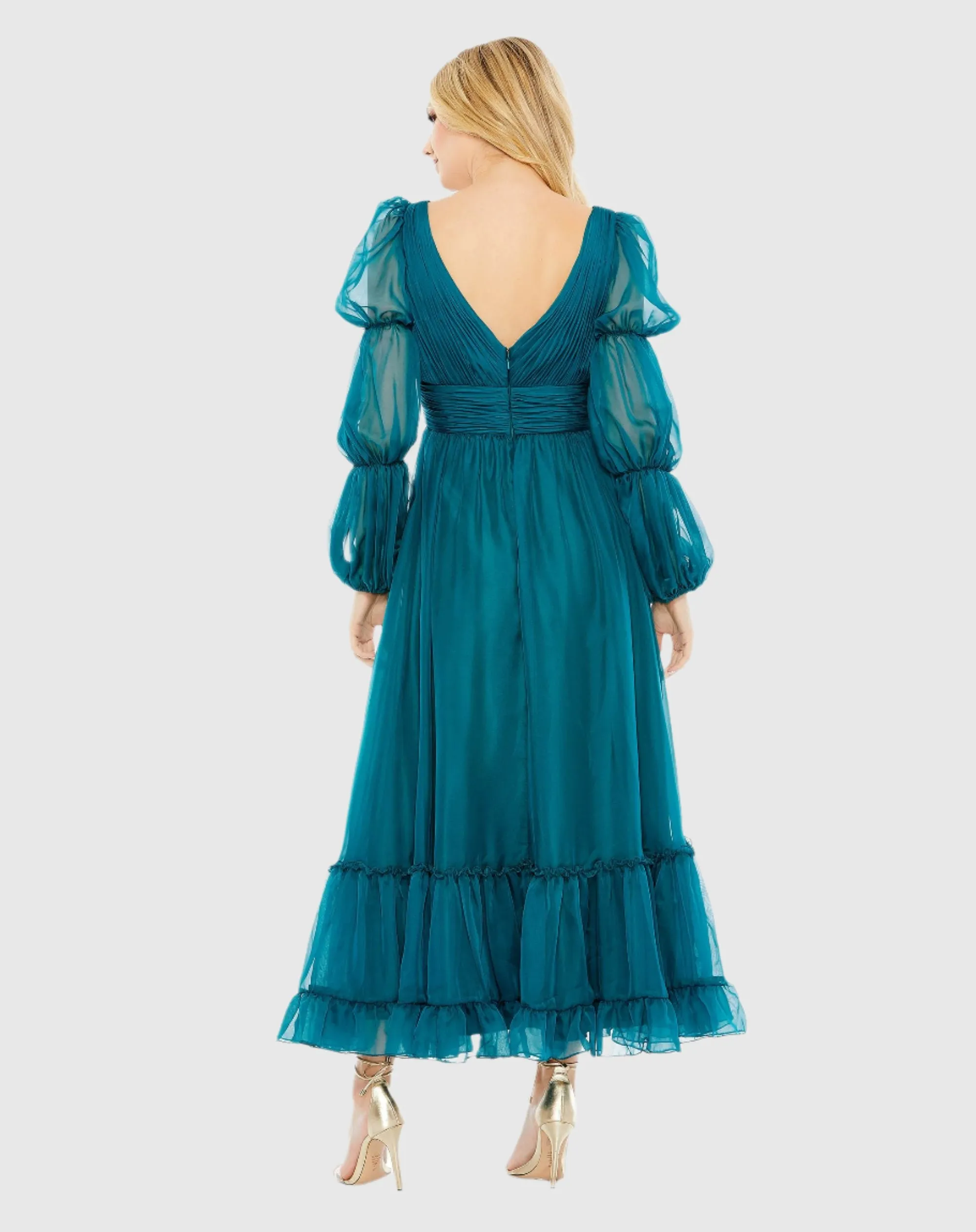 Teal Chiffon Ruched Tiered Puff Sleeve A Line Dress