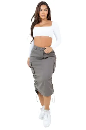 TEEK - DRAWSTRING SIDE RUCHED DENIM LONG SKIRT