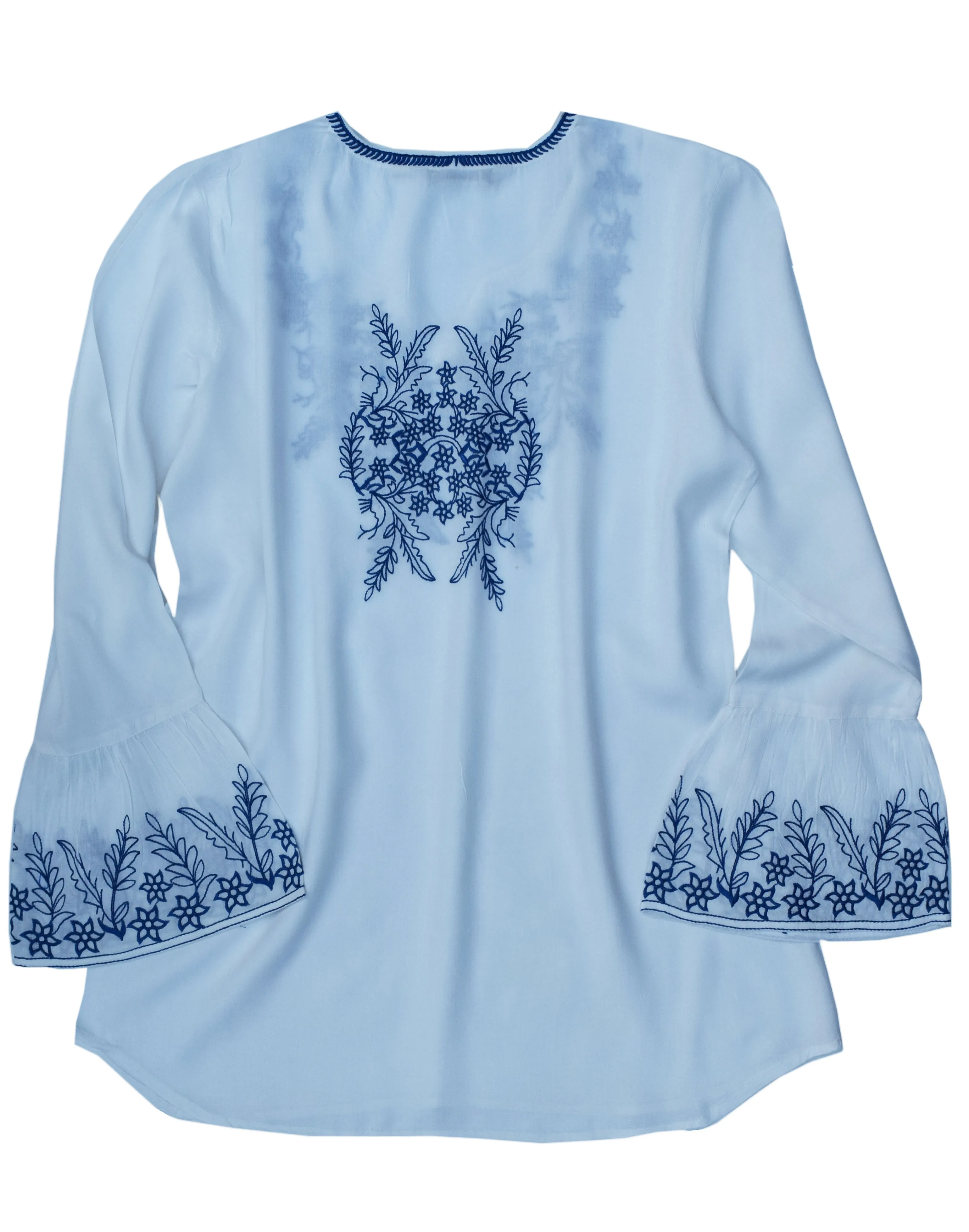 Tia Embroidered Viscose Rayon Blouse with Bell Sleeves