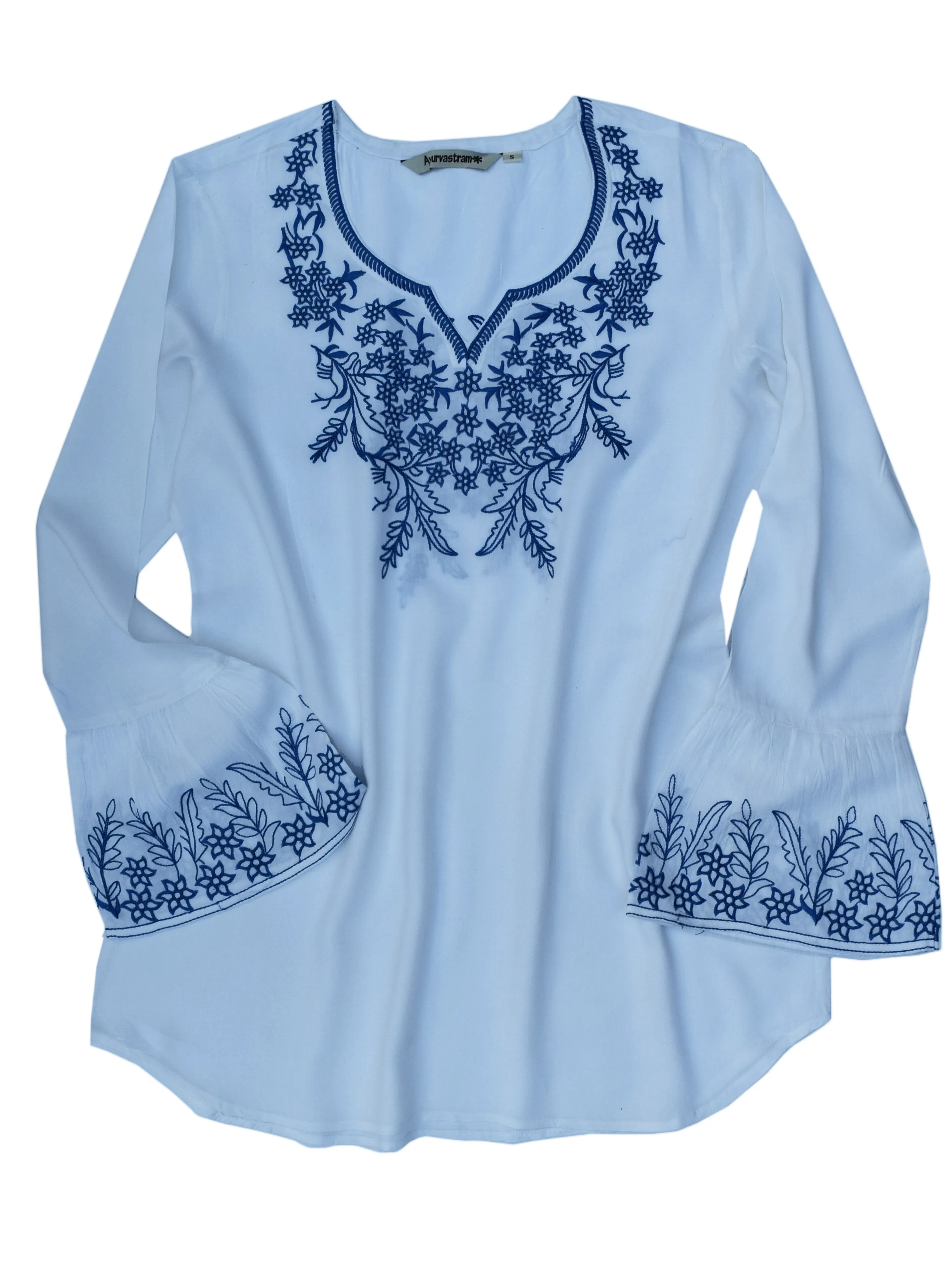 Tia Embroidered Viscose Rayon Blouse with Bell Sleeves