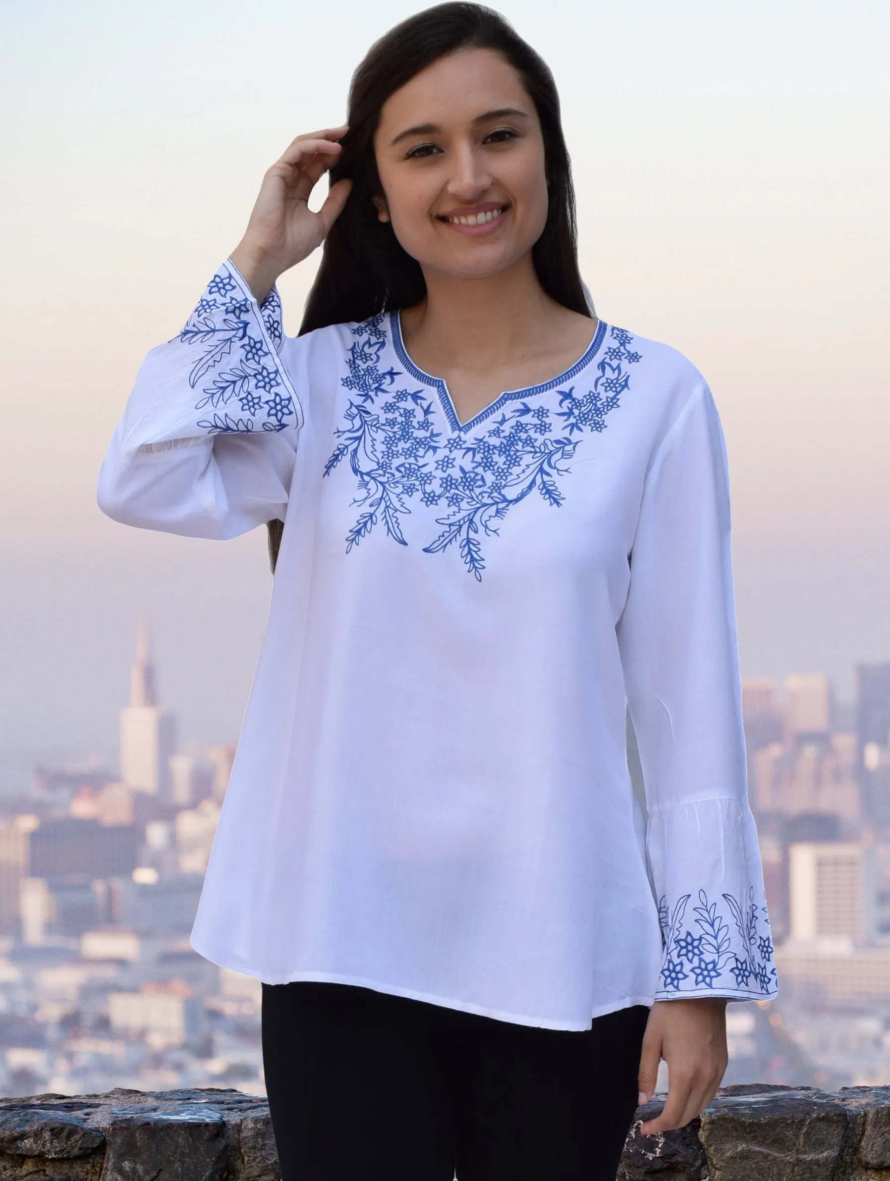 Tia Embroidered Viscose Rayon Blouse with Bell Sleeves