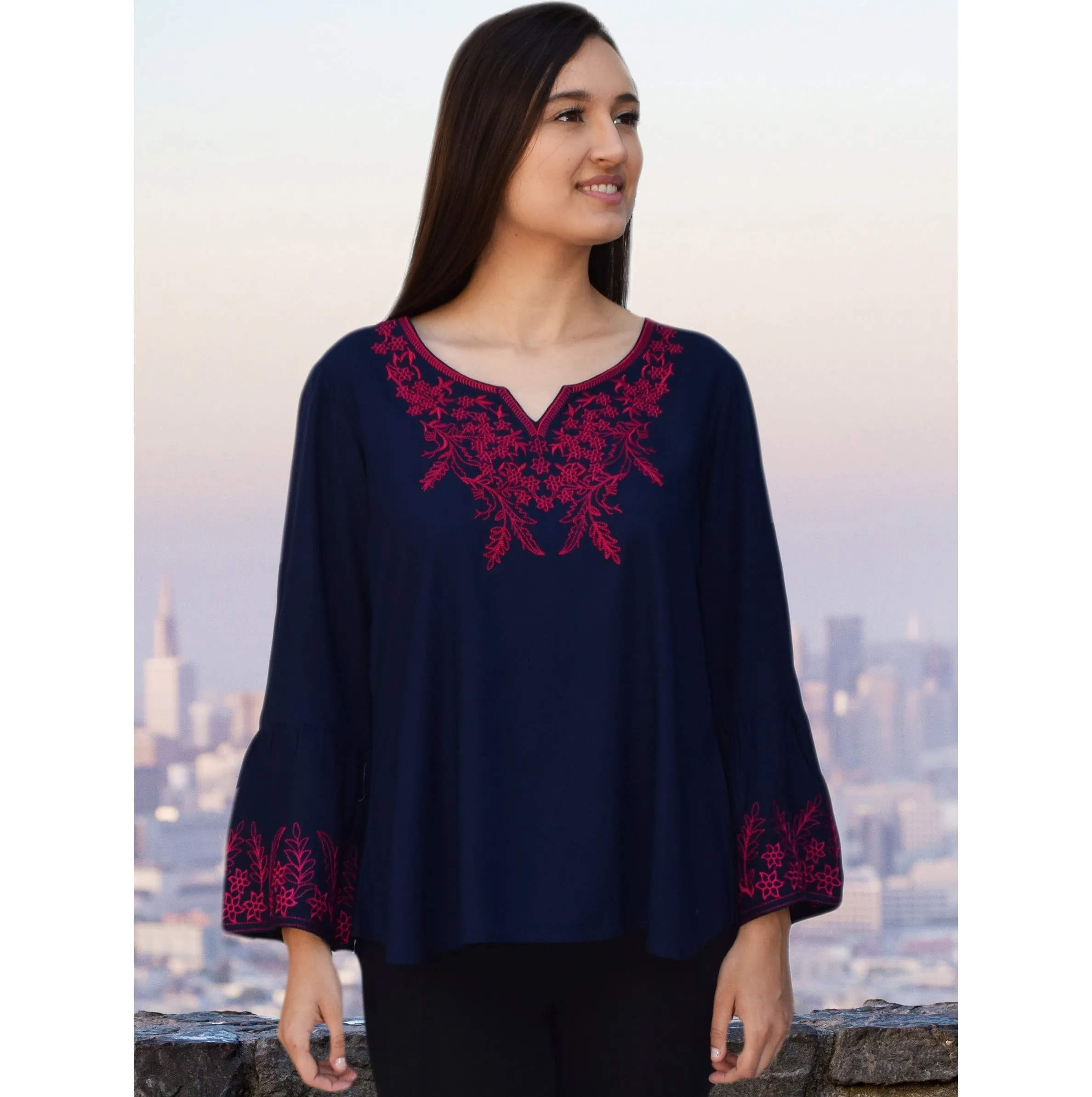 Tia Embroidered Viscose Rayon Blouse with Bell Sleeves