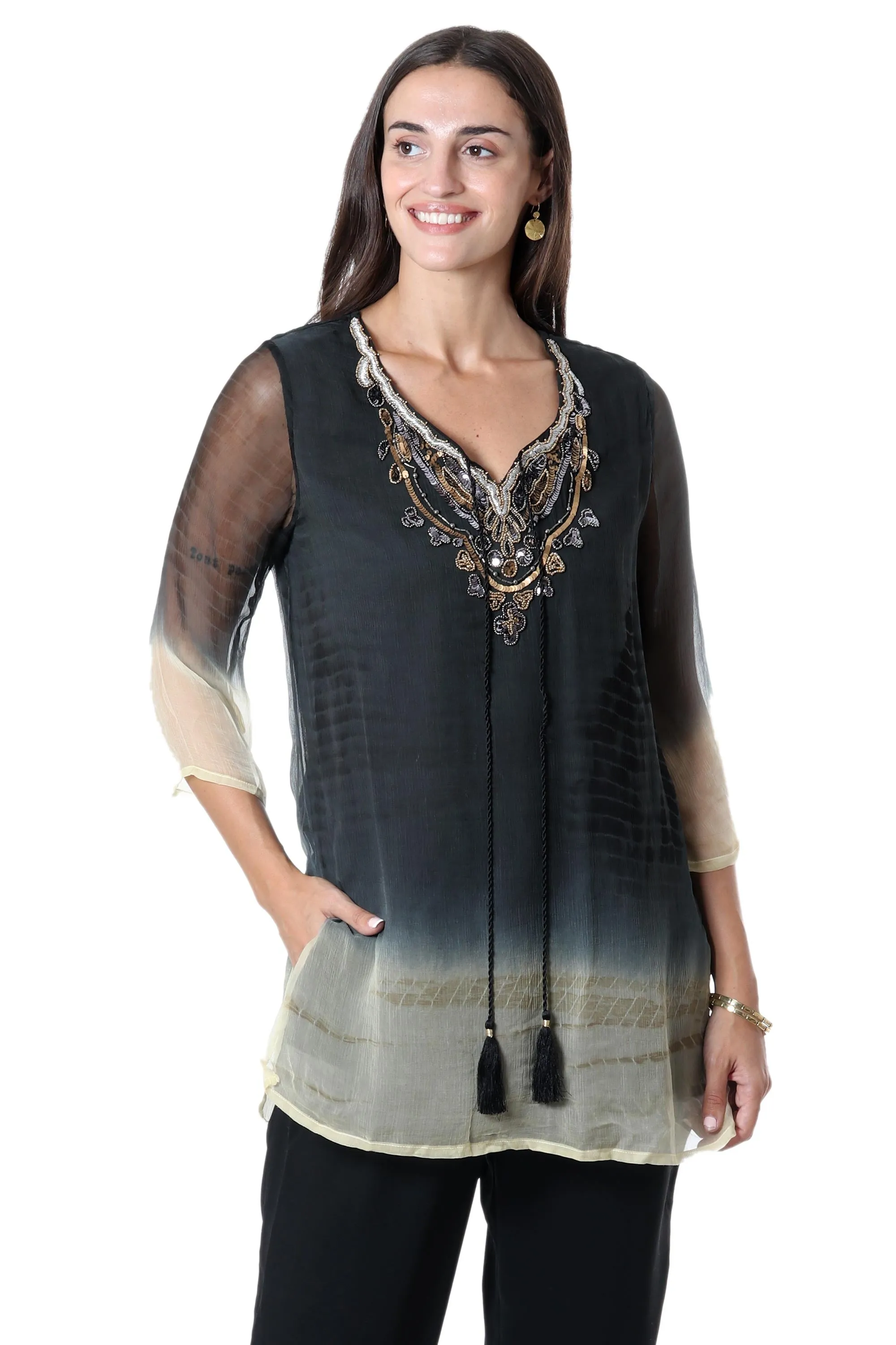 Tie-Dyed Tunic with Glass Bead Detail - Magical Glamour | NOVICA