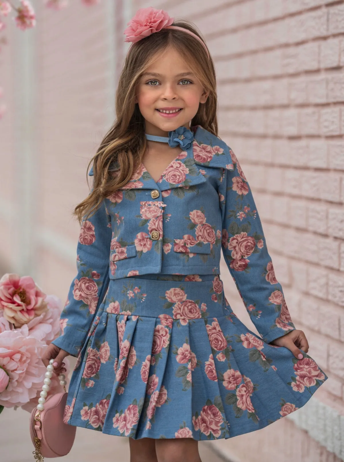 Trailblazer Chambray Floral Blazer and Skirt Set