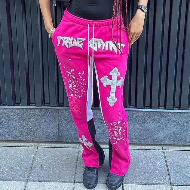 True Saint Cross Print Drawstring Flared Trousers