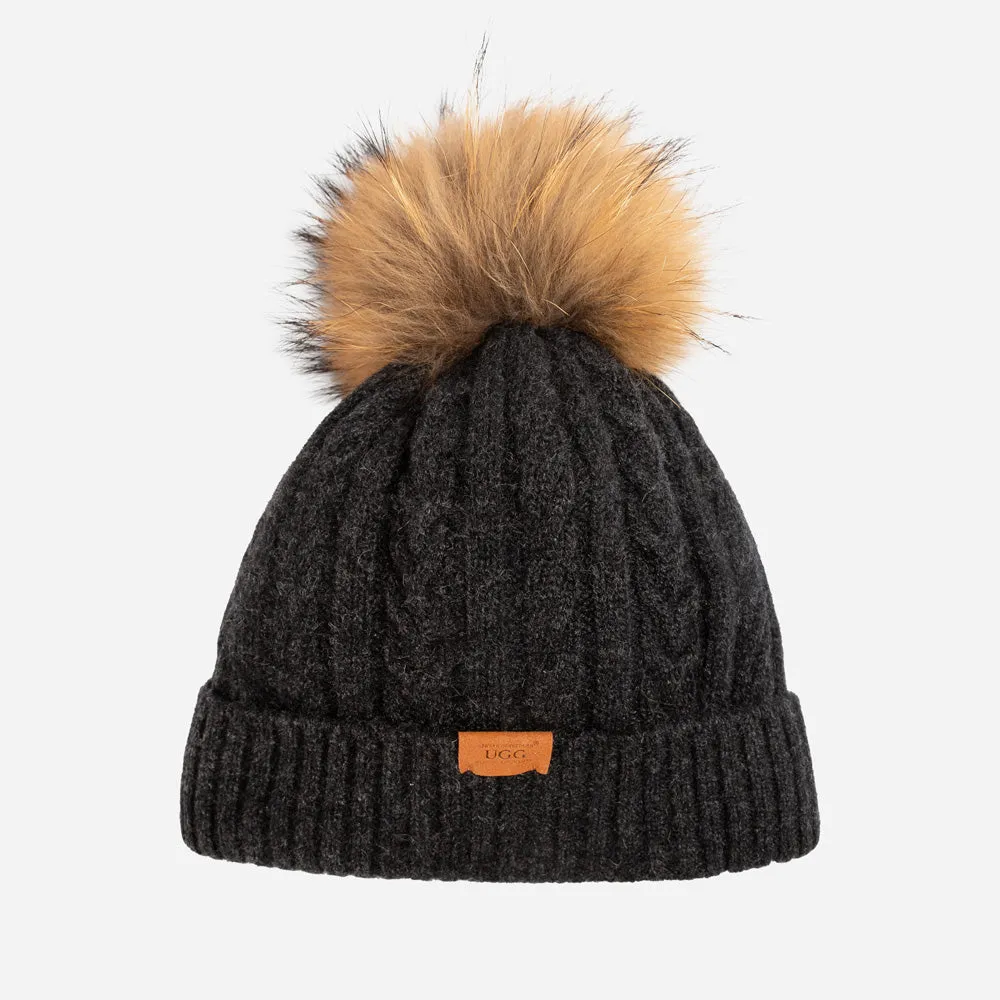 Ugg Cable Knit Pure Cashmere Beanie With Detachable Pom Pom (Raccoon)