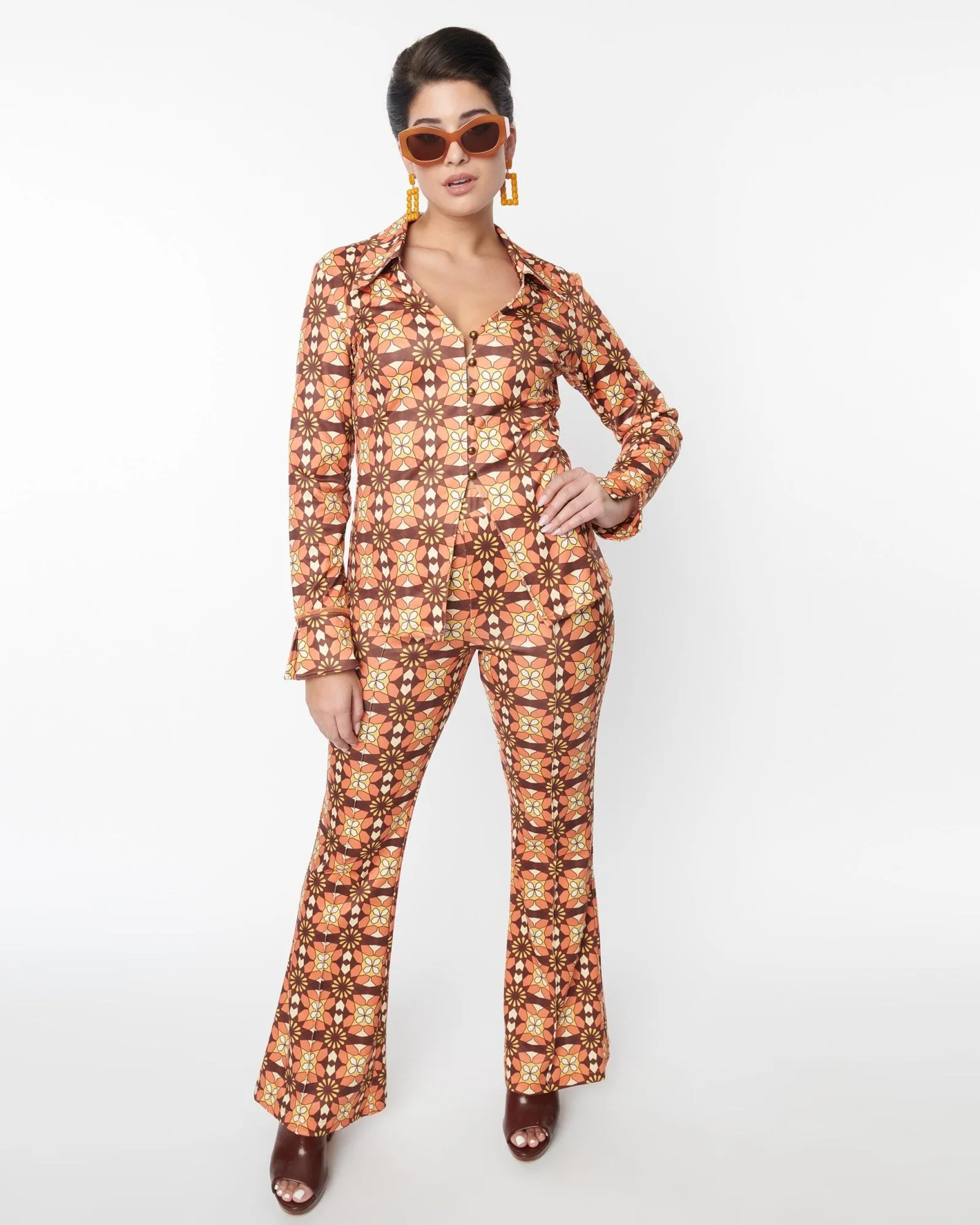 Unique Vintage Orange & Brown Mosaic Flare Pants | Orange, Brown