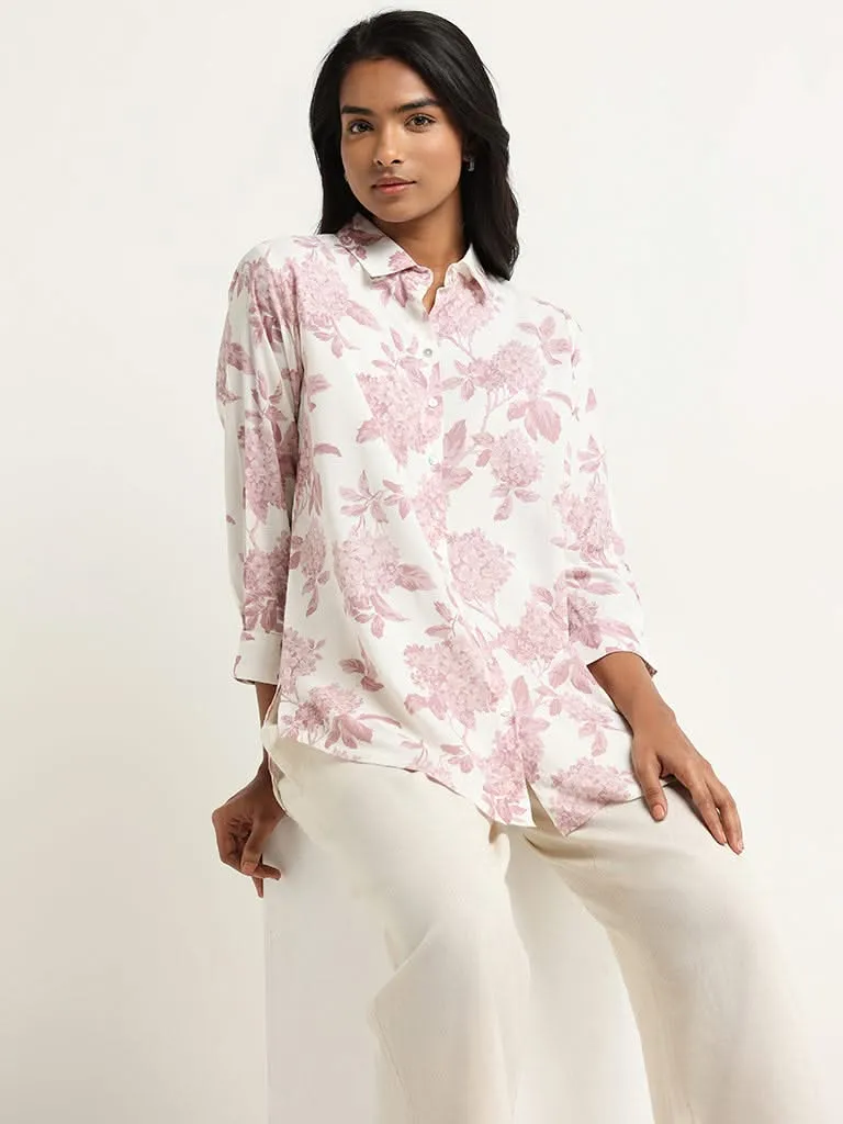 Utsa Floral Printed White Cotton Tunic