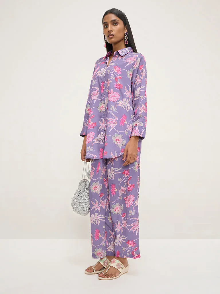 Vark Purple Floral Printed High-Low Tunic and Pants Set