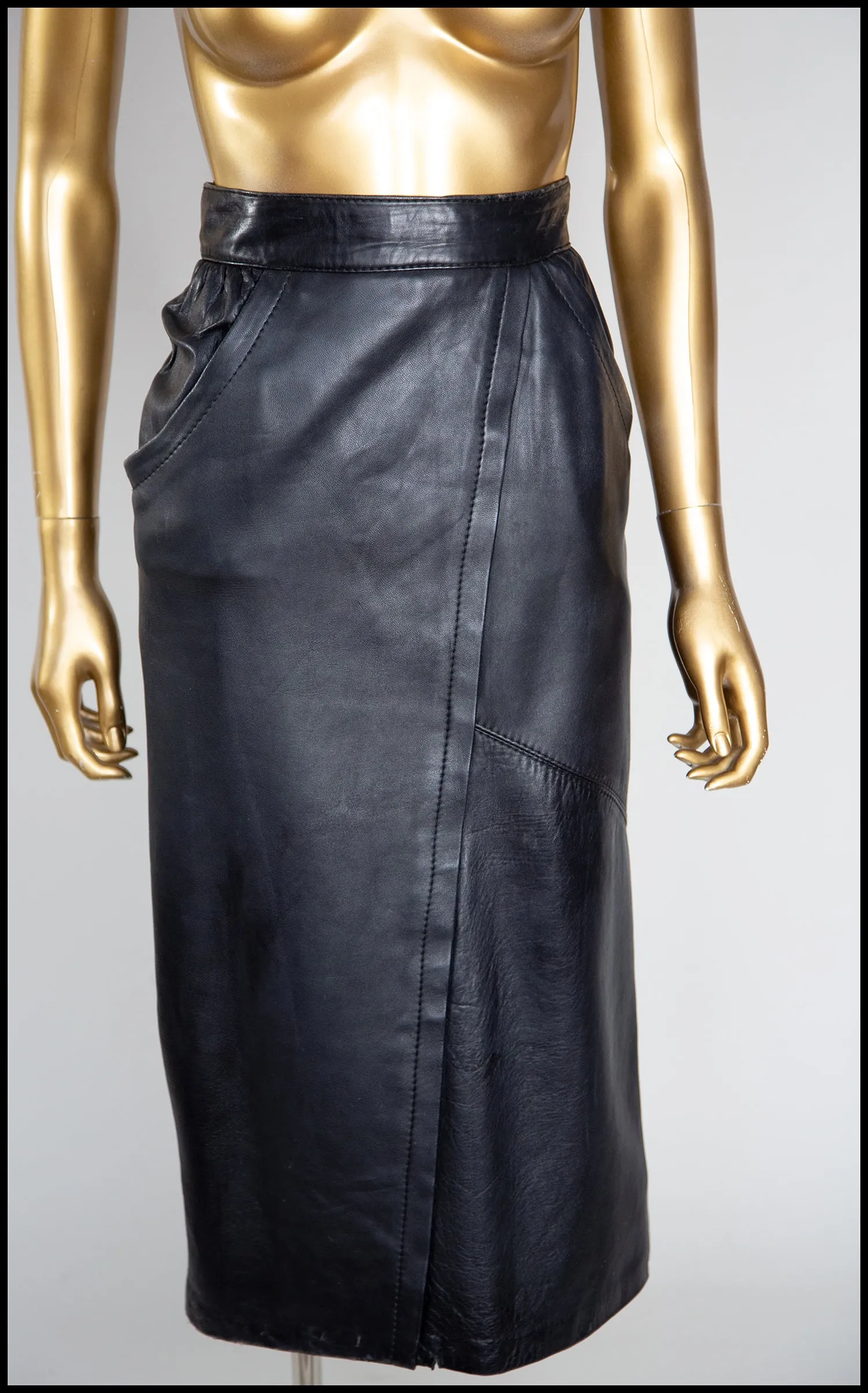 Vintage 1980s Black Leather Panel Cut Pencil Skirt