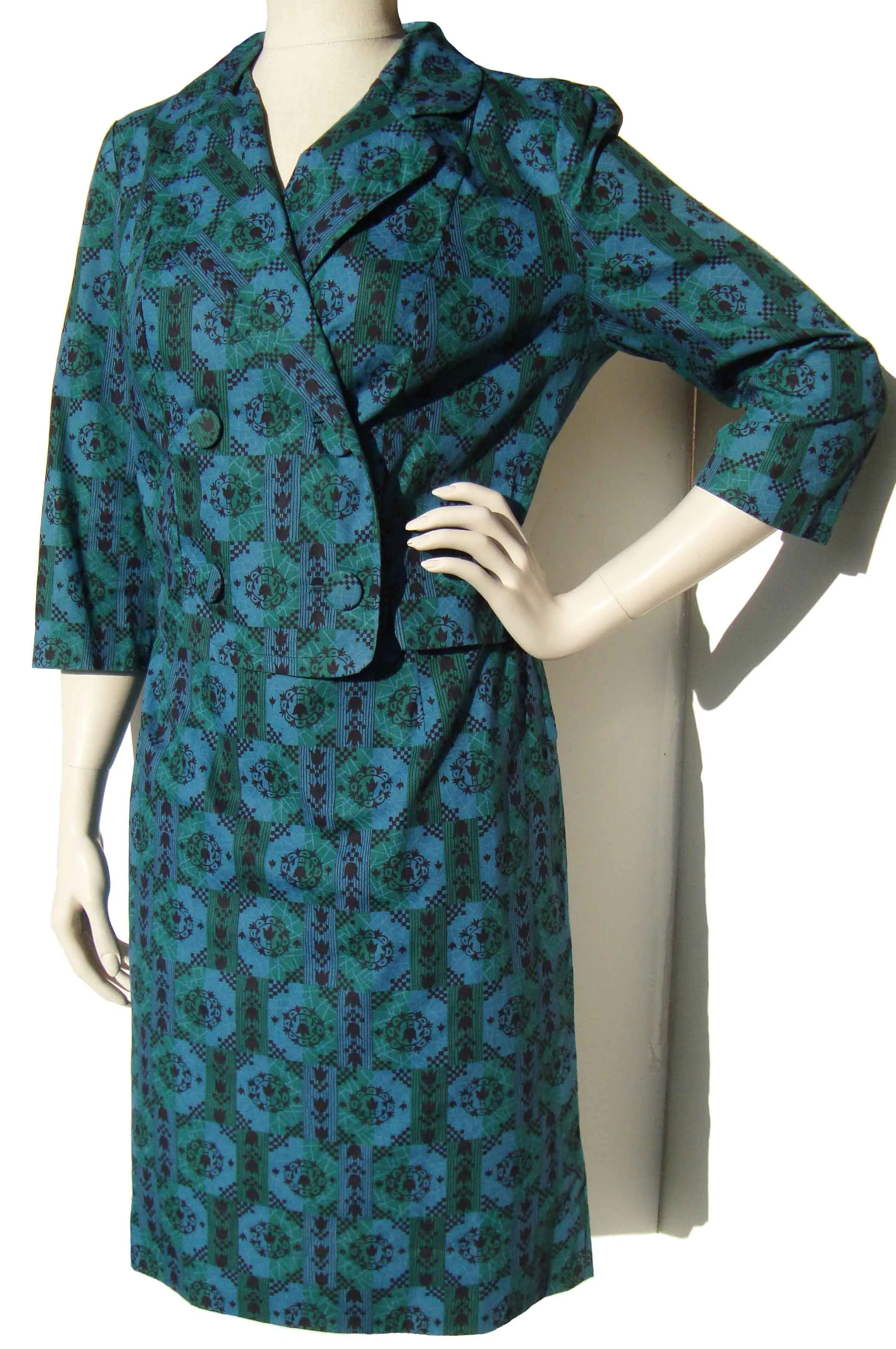 Vintage Ladies Suit Modernist Blue Green Bolero Jacket & Skirt M / L