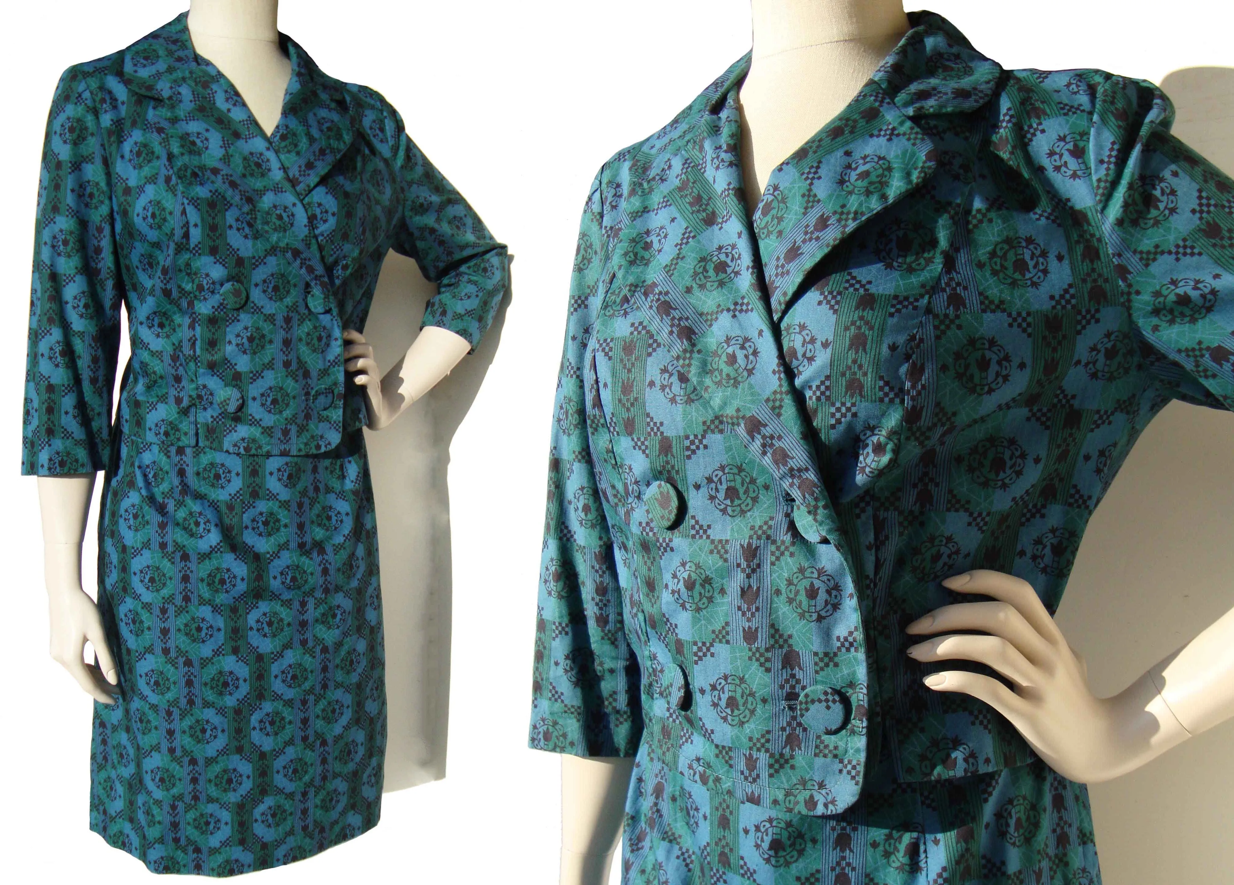 Vintage Ladies Suit Modernist Blue Green Bolero Jacket & Skirt M / L