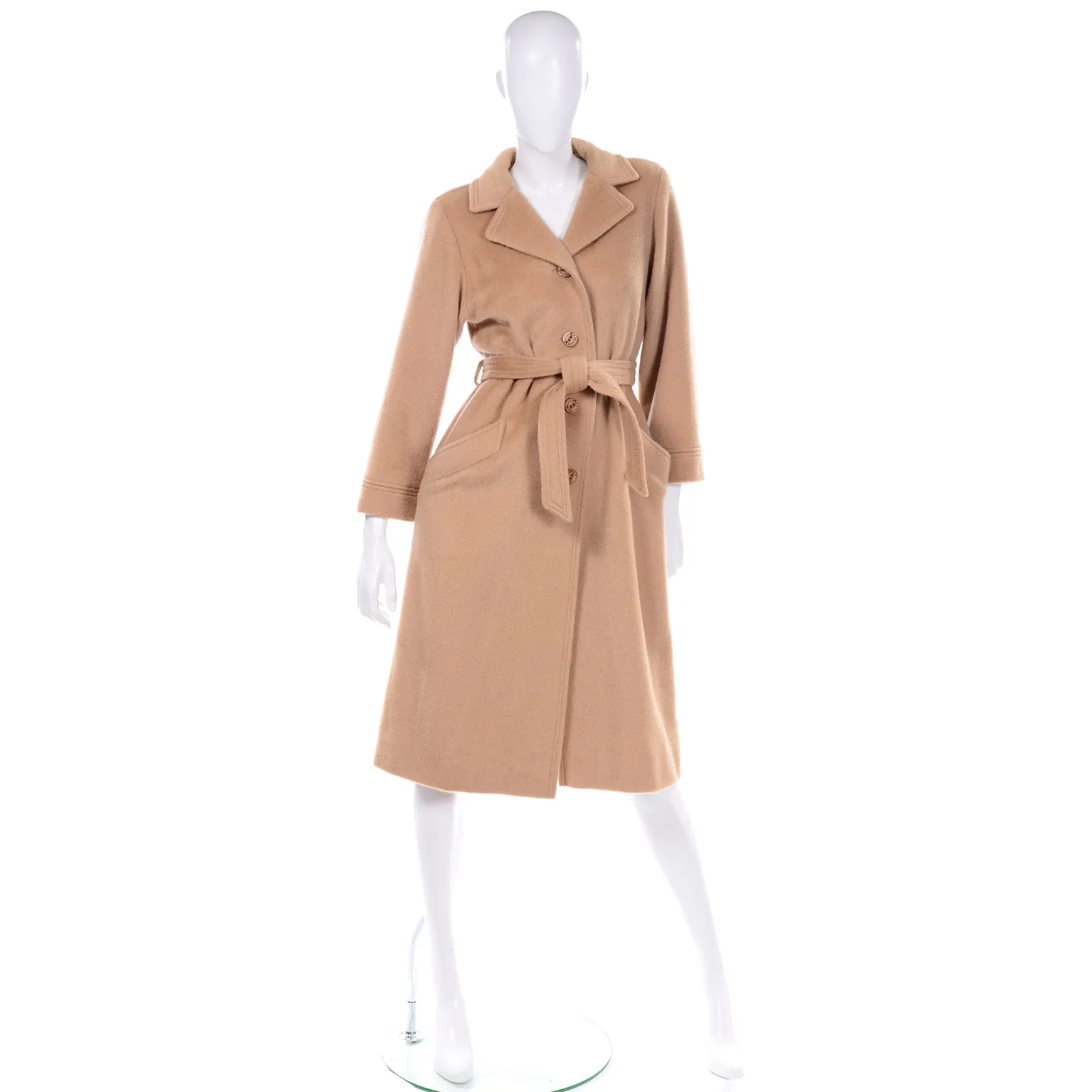 Vintage Tan Camel Hair Wool Trench Coat With Belt & Front Buttons