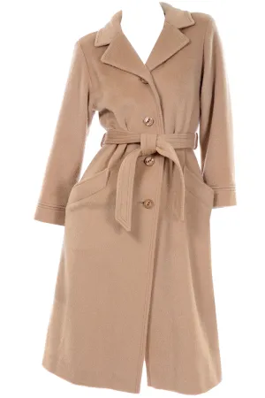 Vintage Tan Camel Hair Wool Trench Coat With Belt & Front Buttons