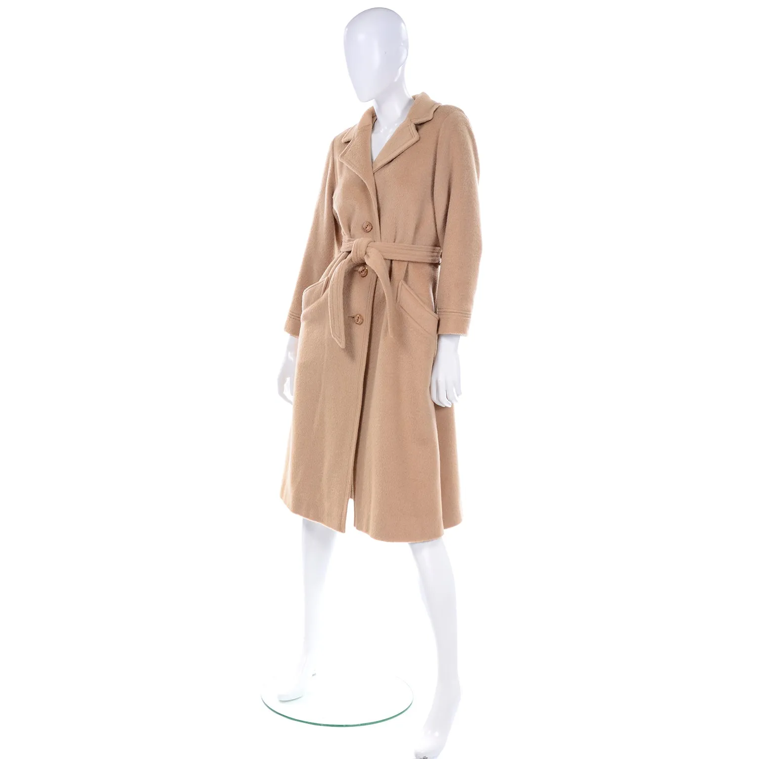 Vintage Tan Camel Hair Wool Trench Coat With Belt & Front Buttons