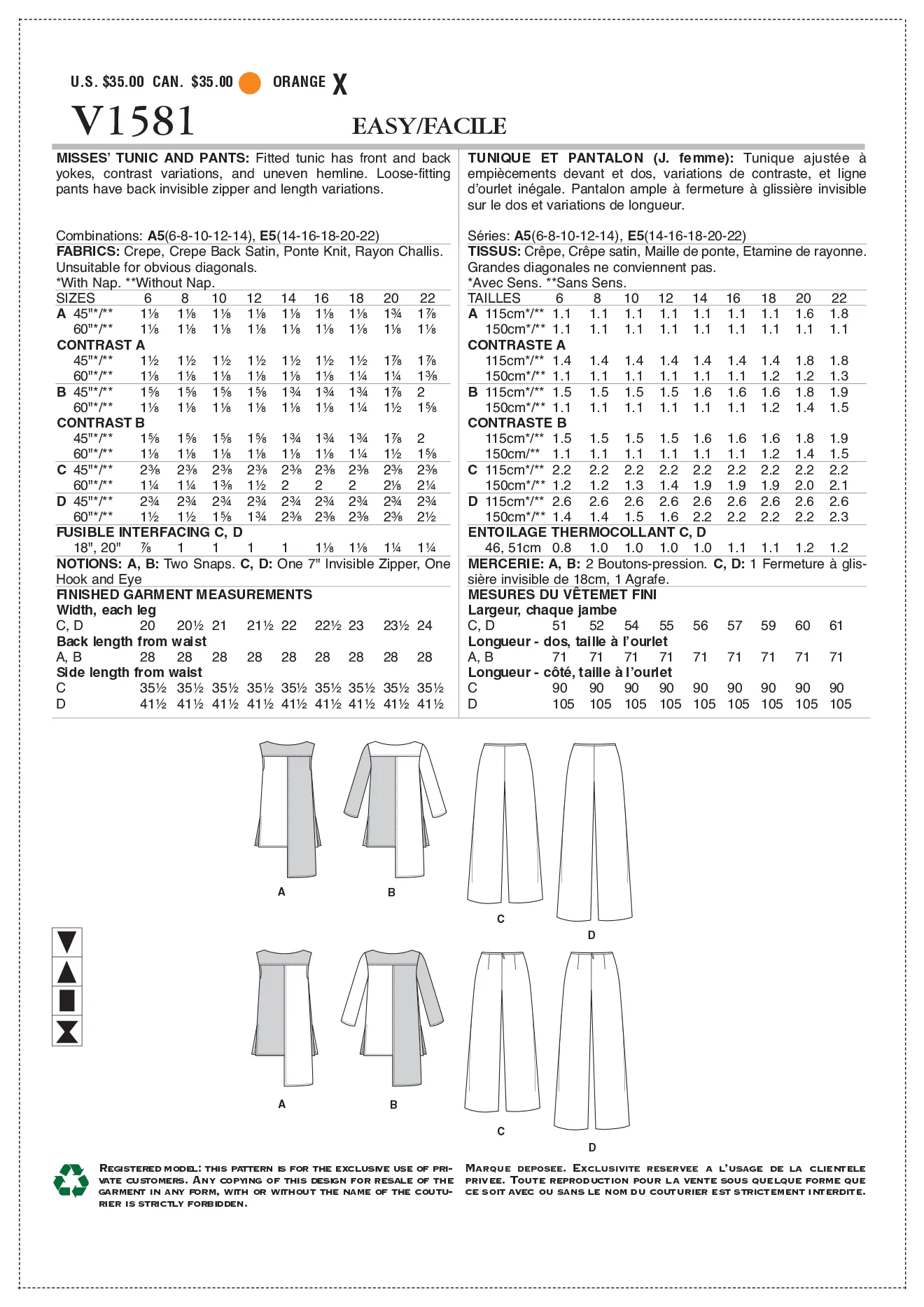 Vogue Pattern V1581 Misses' Tunic and Pants