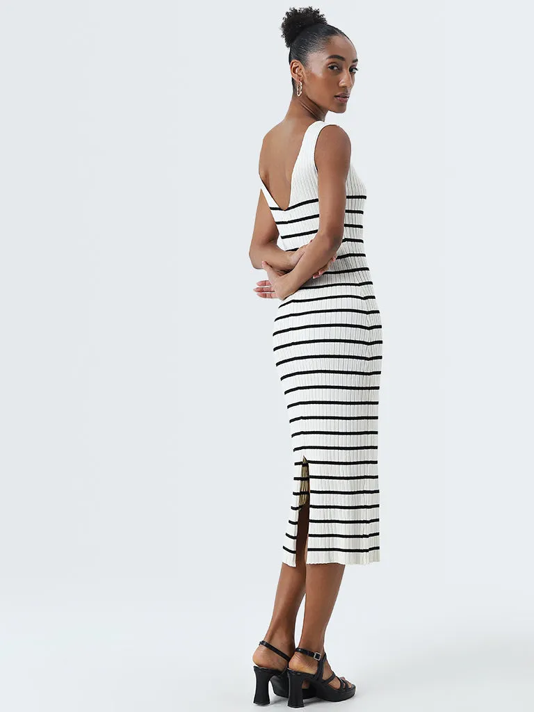 Wardrobe Ivory Striped Design Bodycon Dress