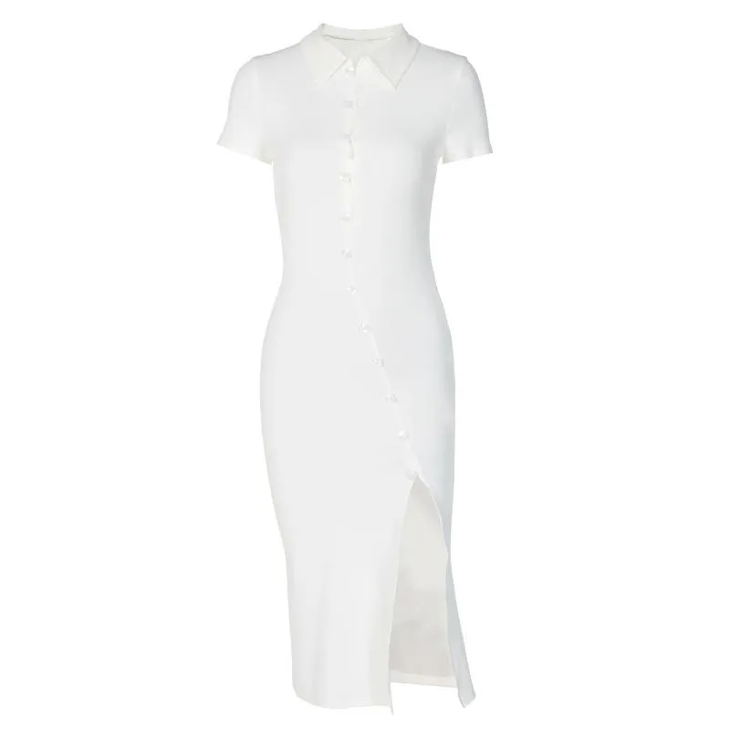 White Buttons Bodycon Dress Midi Dress High Split Dress