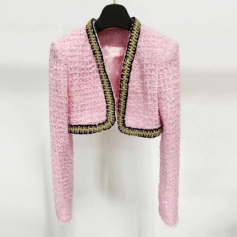 Women Chain-Trimmed Tweed Cropped Jacket Pink