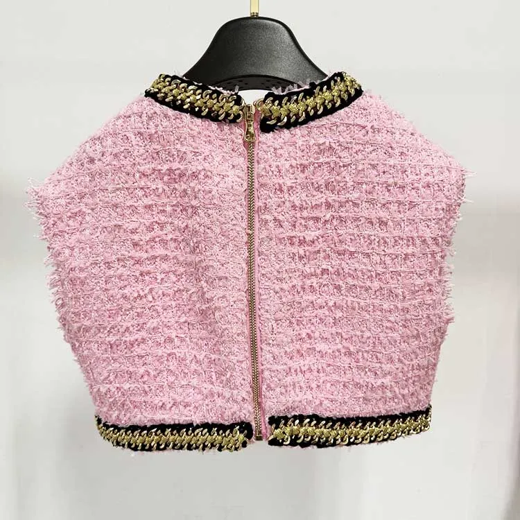 Women Chain-Trimmed Tweed Cropped Jacket Pink