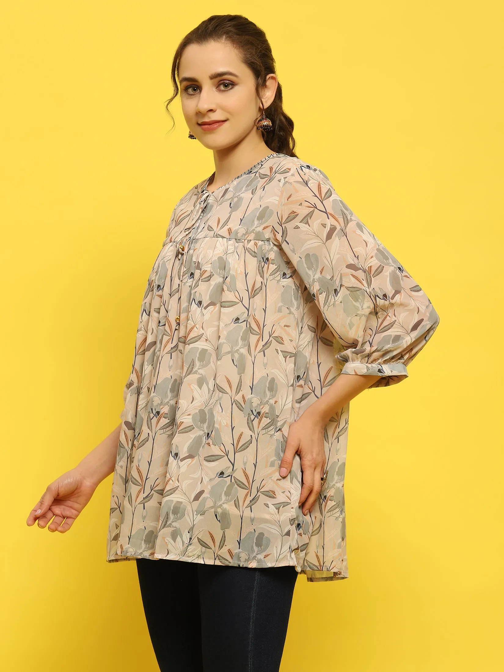 Women Georgette Grey Tropical Print Tunic