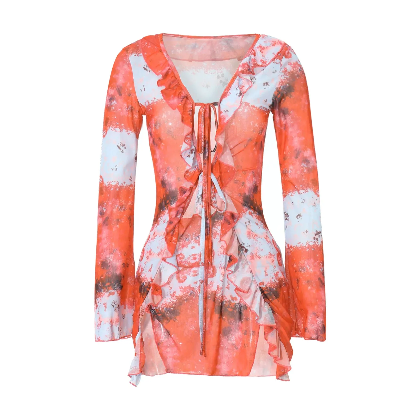 Women Mini Dress Long Sleeve Lacing Tie-dye Print Patchwork Slit Bodycon Dress for Club Party