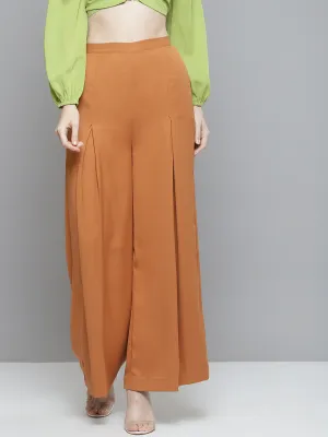 Women Rust Front Pleats Wide Leg Pants