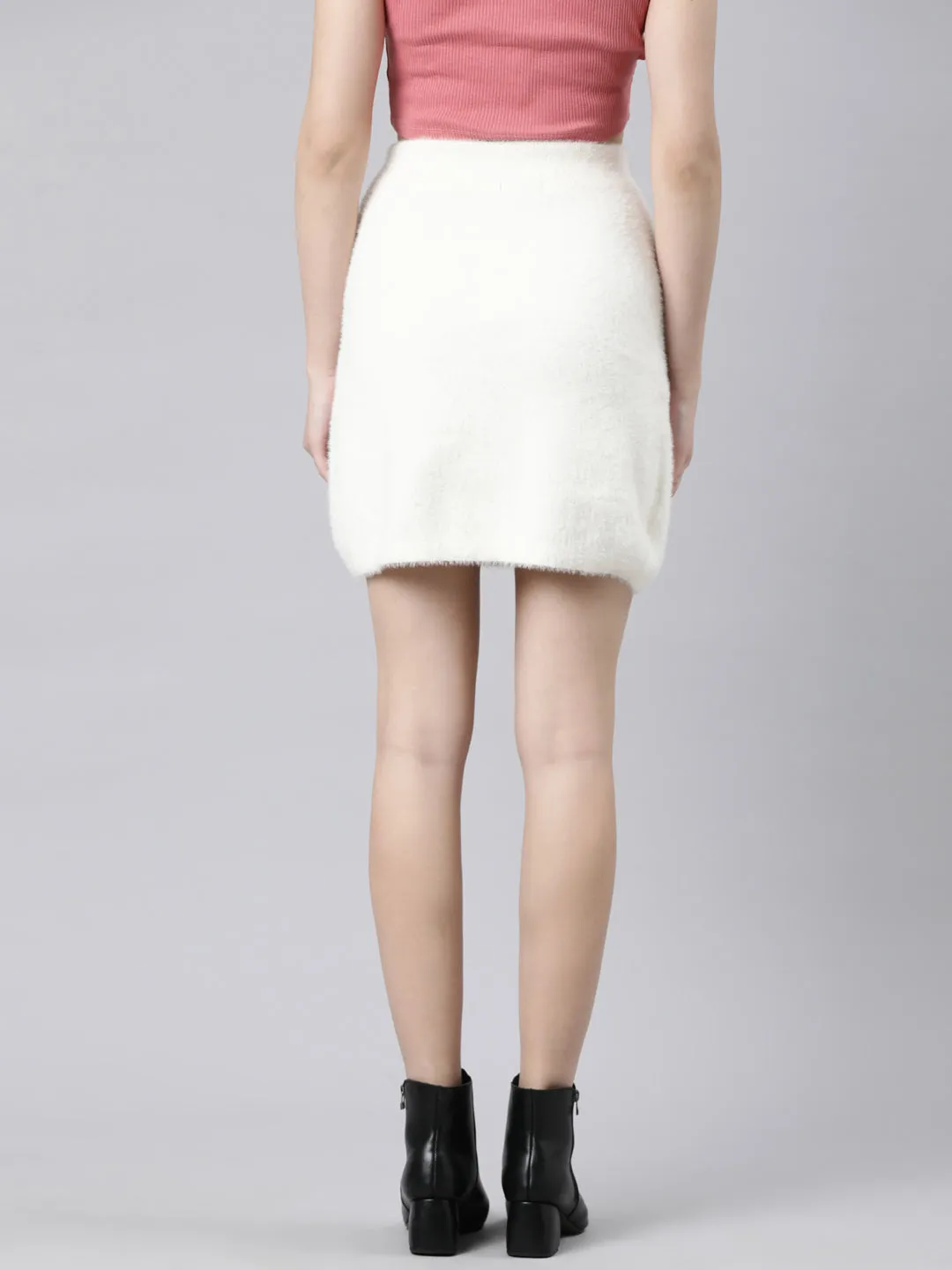 Women Self Design Cream Pencil Mini Skirt