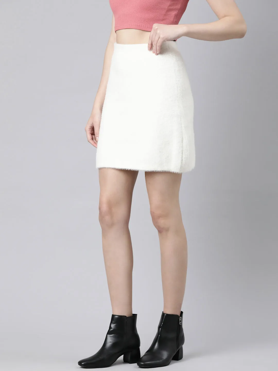 Women Self Design Cream Pencil Mini Skirt