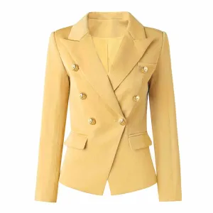 Women Velvet Yellow Double Breasted Blazer Gold Buttons Jacket