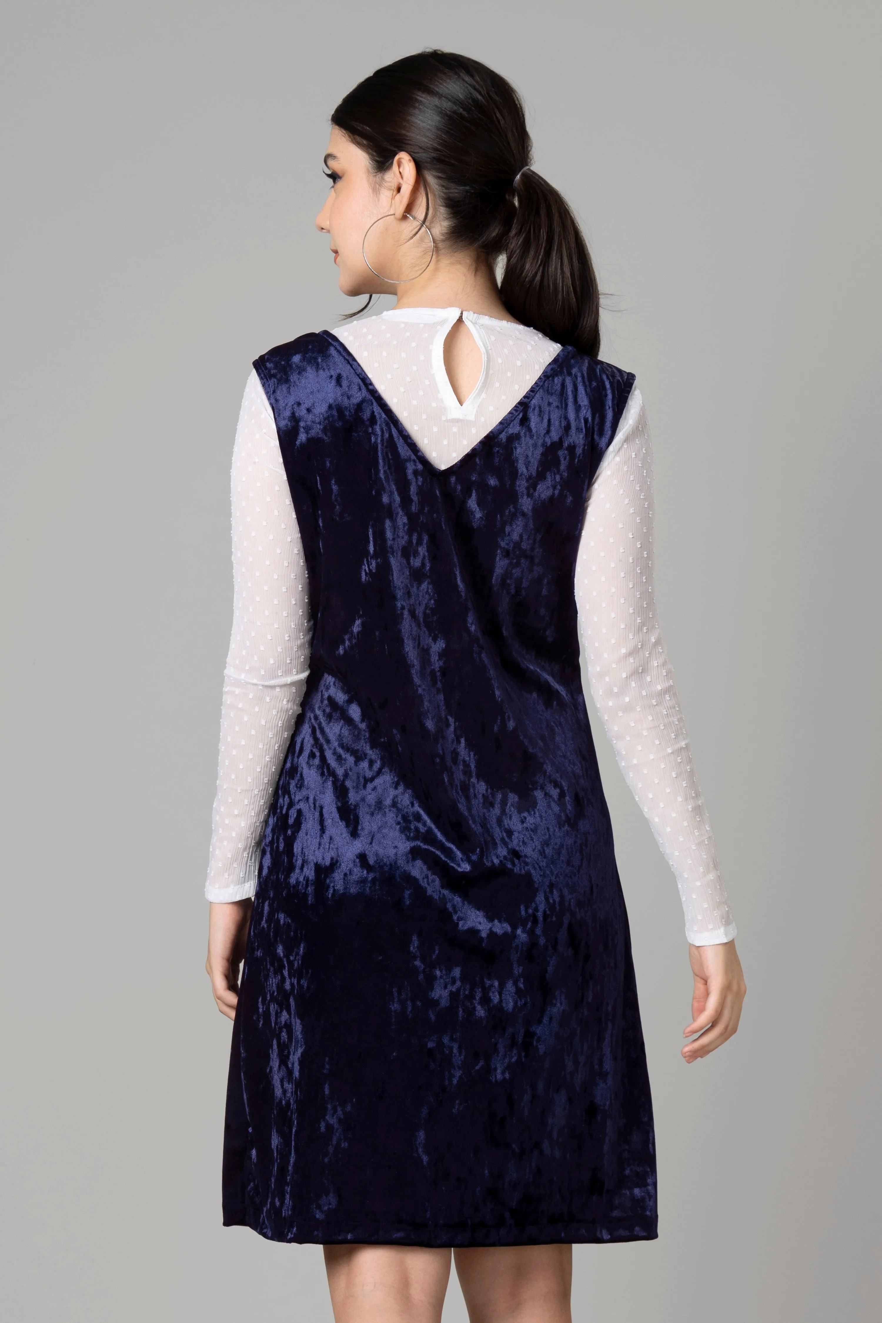 Womens Blue Velvet Bodycon Pinafore Dress