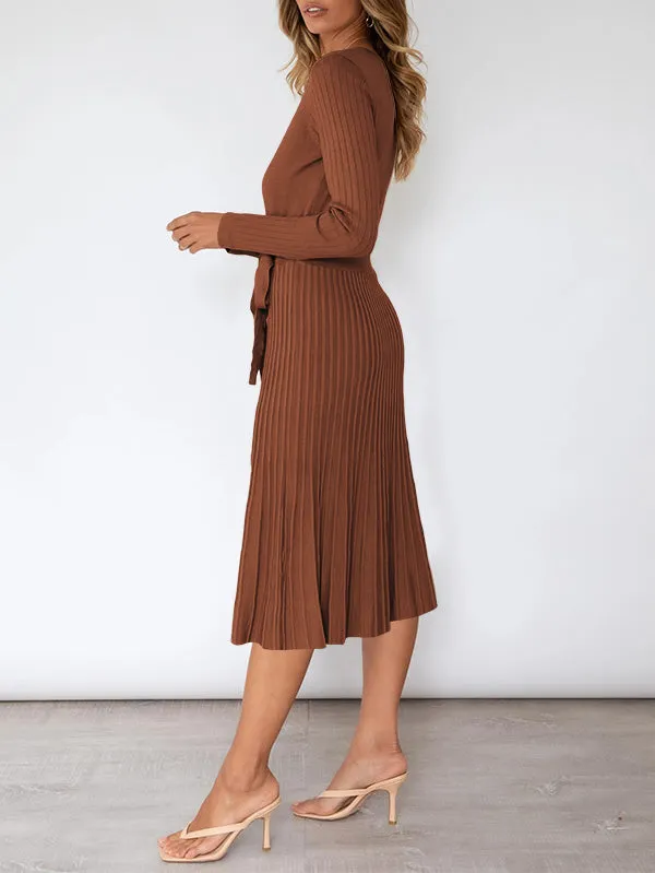 Women's Long Sleeve Midi Dress Wrap Pleated Sweater Dresses