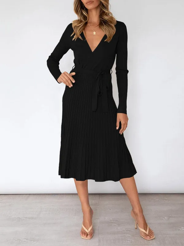 Women's Long Sleeve Midi Dress Wrap Pleated Sweater Dresses