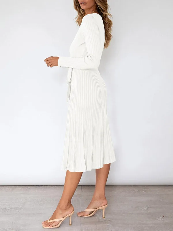 Women's Long Sleeve Midi Dress Wrap Pleated Sweater Dresses