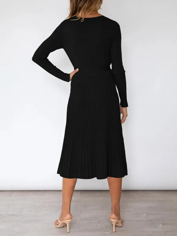 Women's Long Sleeve Midi Dress Wrap Pleated Sweater Dresses