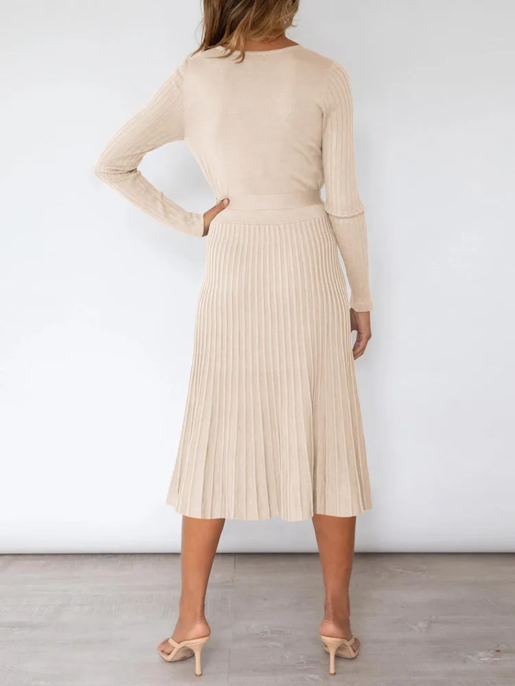 Women's Long Sleeve Midi Dress Wrap Pleated Sweater Dresses