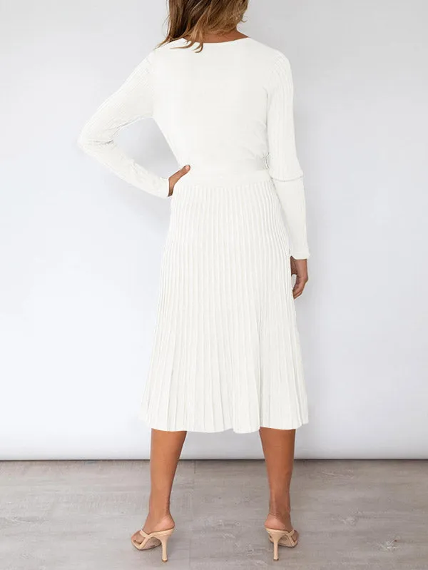 Women's Long Sleeve Midi Dress Wrap Pleated Sweater Dresses