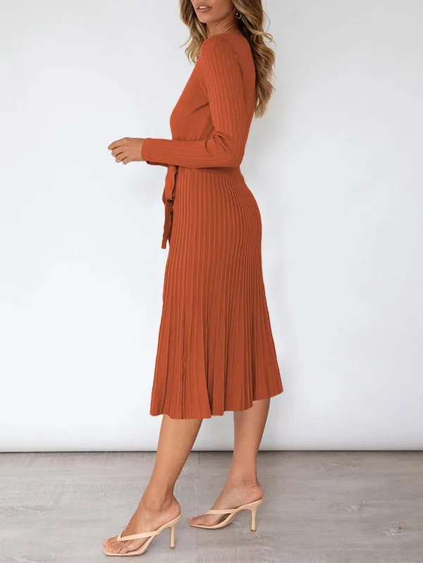 Women's Long Sleeve Midi Dress Wrap Pleated Sweater Dresses