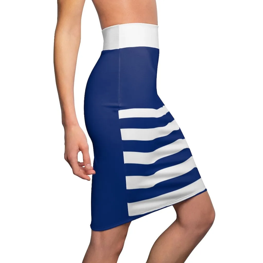 Womens Pencil Skirt - High Waist Stretch Blue/white Stripes